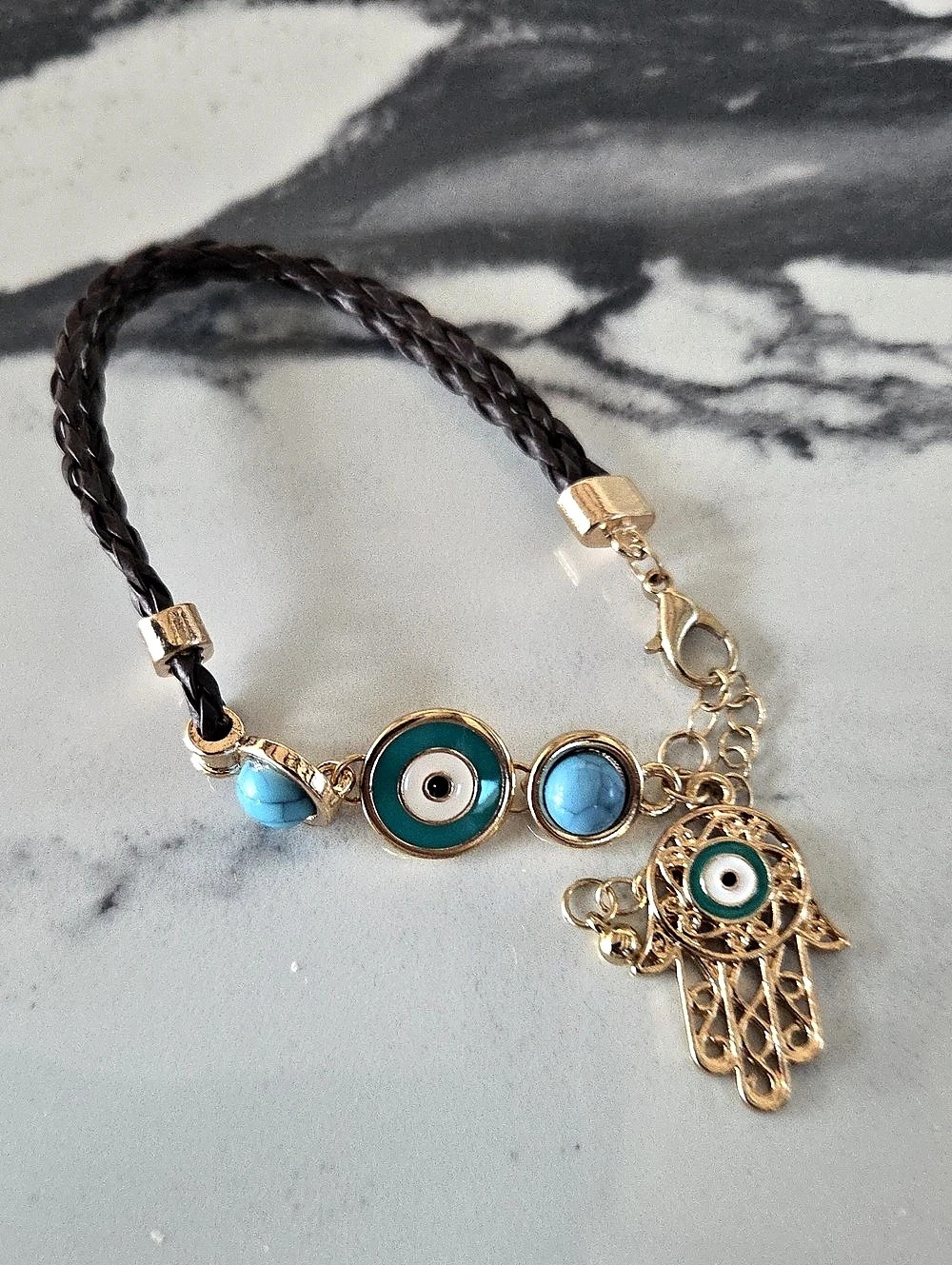 Blue & Black Evil Eye Hamsa Charm Bracelet Like New